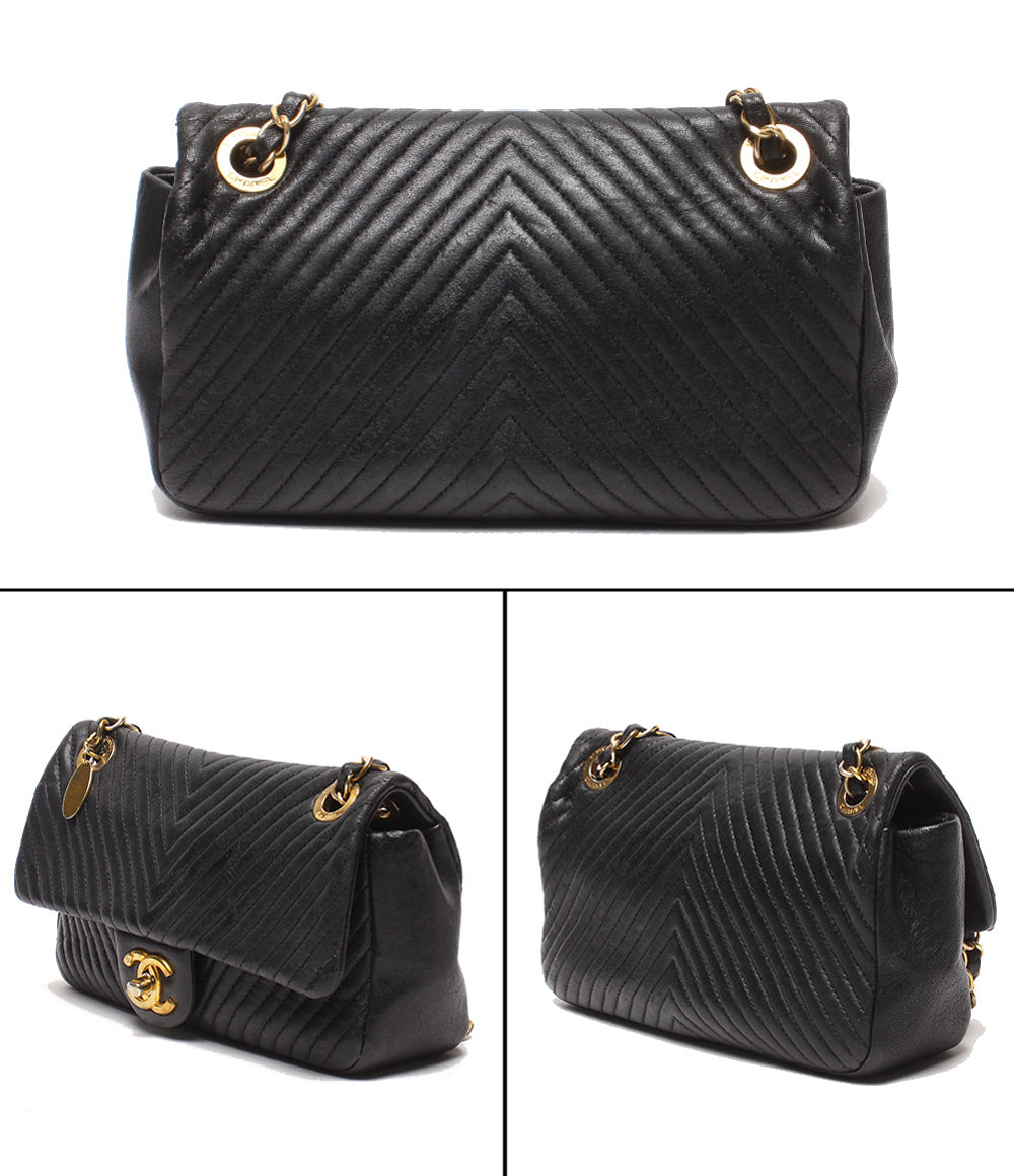 CHANEL チェーンショルダーバッグ 肩掛け 斜め掛け ゴールド金具 Vステッチ ダブルチェーン シングルフラップ 18番台 レディース シャネル