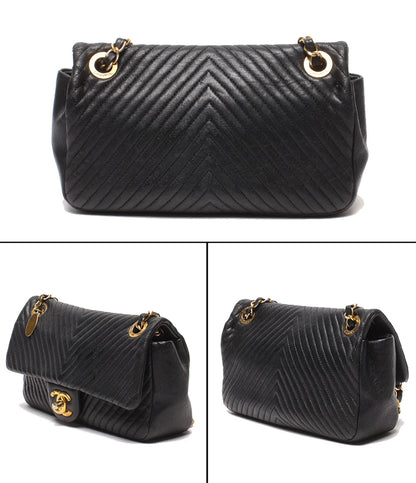 CHANEL チェーンショルダーバッグ 肩掛け 斜め掛け ゴールド金具 Vステッチ ダブルチェーン シングルフラップ 18番台 レディース シャネル