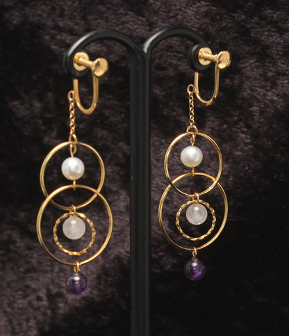 美品 イヤリング K18  K14 パール アメジスト ローズクォーツ レディース