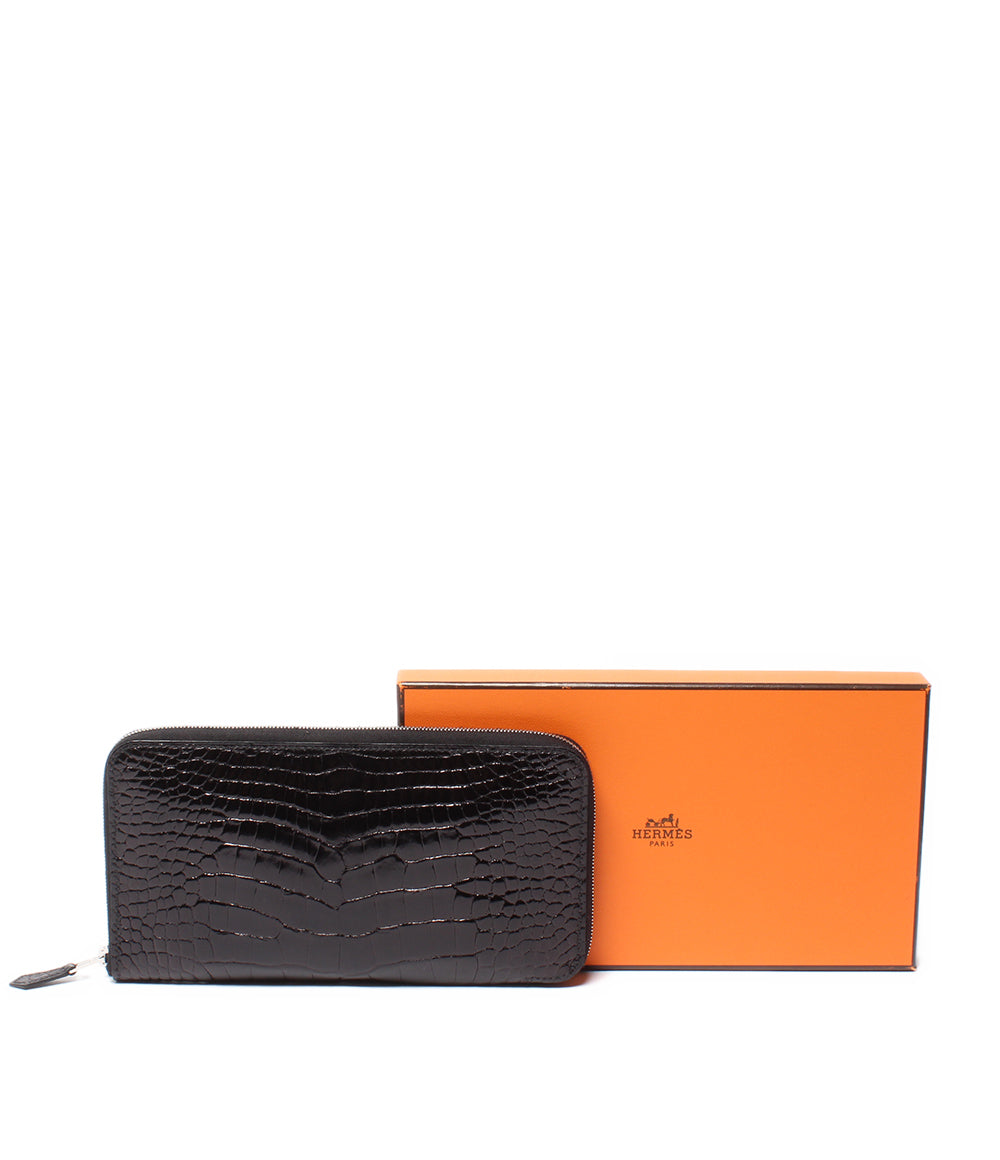 HERMES ラウンドファスナー長財布 クロコダイル アリゲーター シルバー