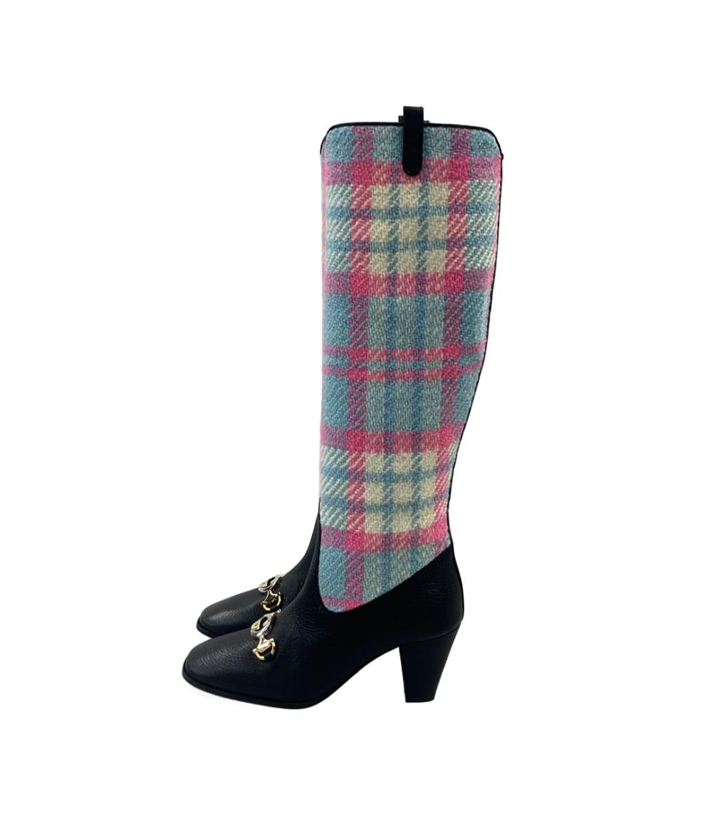 美品 GUCCI ロングブーツ ホースビット チェック柄 サイドジップ レディース SIZE 35 1/2 グッチ
