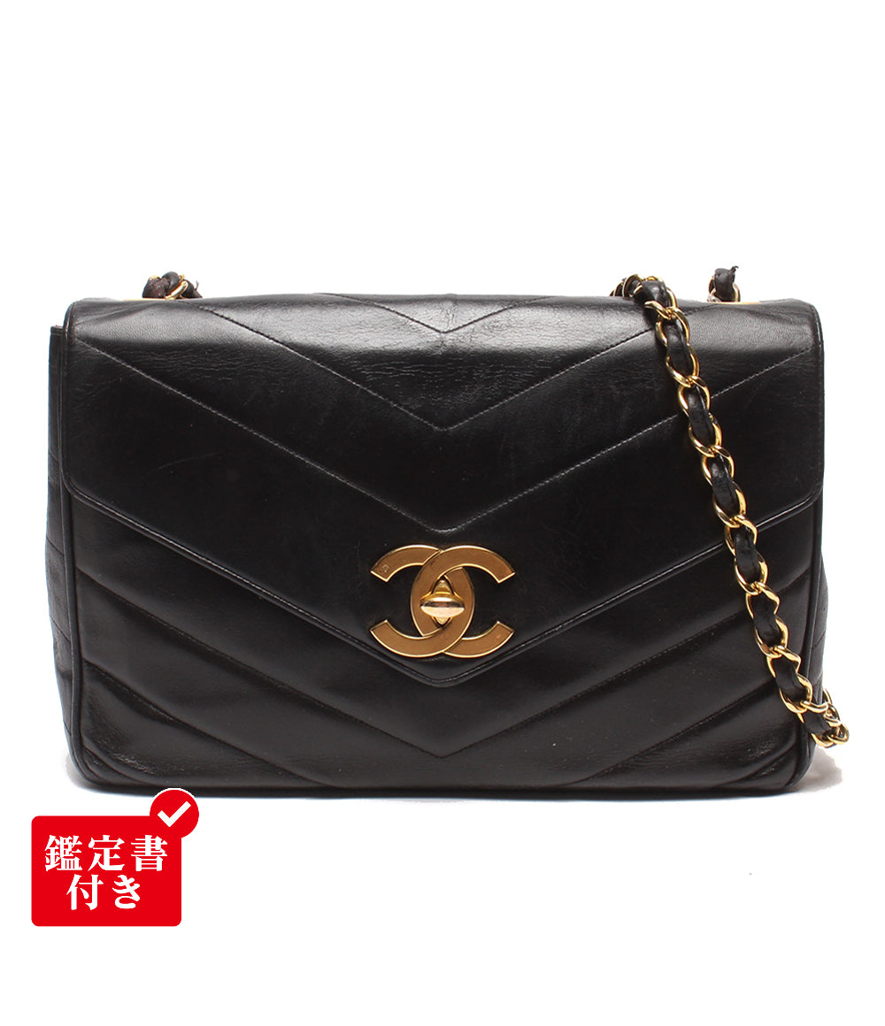 CHANEL チェーンショルダーバッグ 斜め掛け ゴールド金具 Vステッチ シェブロン シングルチェーン シングルフラップ ３番台 レディース シャネル