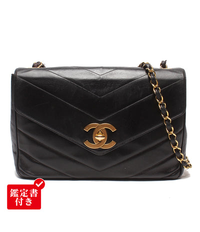 CHANEL チェーンショルダーバッグ 斜め掛け ゴールド金具 Vステッチ シェブロン シングルチェーン シングルフラップ ３番台 レディース シャネル
