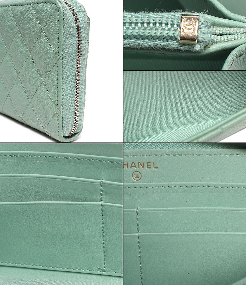 シャネル 長財布 ココマーク ラウンドジップ ライトグリーン系 マトラッセ キャビアスキン AP0242 レディース CHANEL