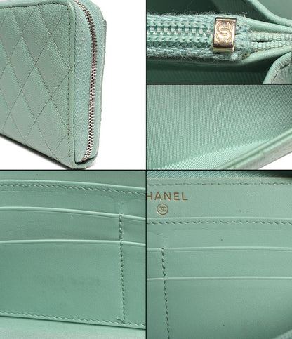 シャネル 長財布 ココマーク ラウンドジップ ライトグリーン系 マトラッセ キャビアスキン AP0242 レディース CHANEL