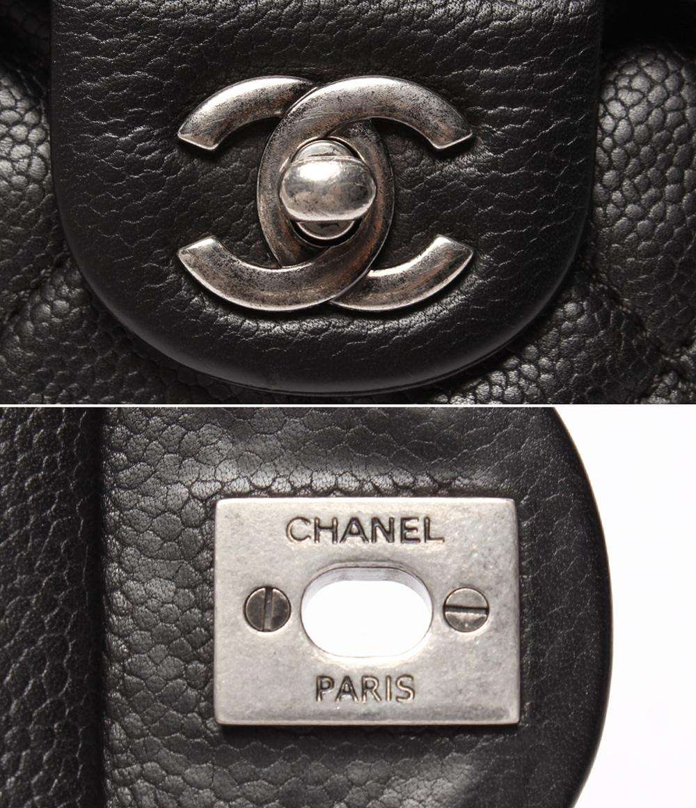 CHANEL チェーンショルダーバッグ キャビアスキン シルバー金具 18番台 ダブルチェーン シングルフラップ デカマトラッセ30 レディース シャネル