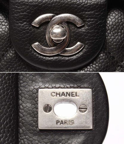 CHANEL チェーンショルダーバッグ キャビアスキン シルバー金具 18番台 ダブルチェーン シングルフラップ デカマトラッセ30 レディース シャネル