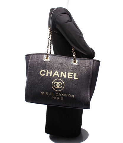 CHANEL トートバッグ 肩掛け ゴールド金具 ミックスファイバー ドーヴィルMM レディース シャネル