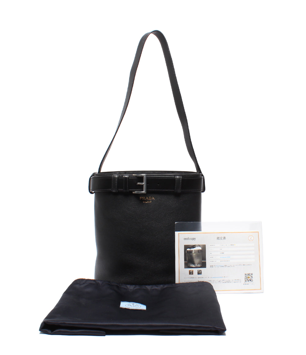 美品 PRADA ショルダーバッグ 肩掛け バックル ベルト付 レザー バケットバッグ レディース プラダ