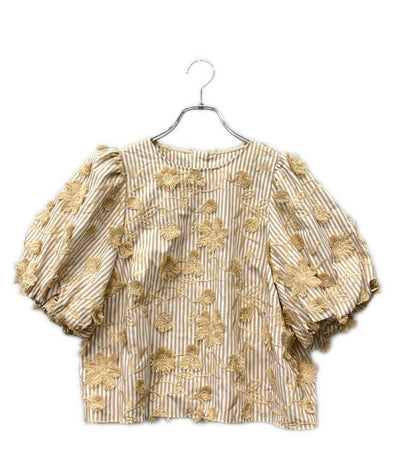 ANAYI 半袖 ストライプフラワー刺繍パフ ブラウス レディース SIZE 38 アナイ