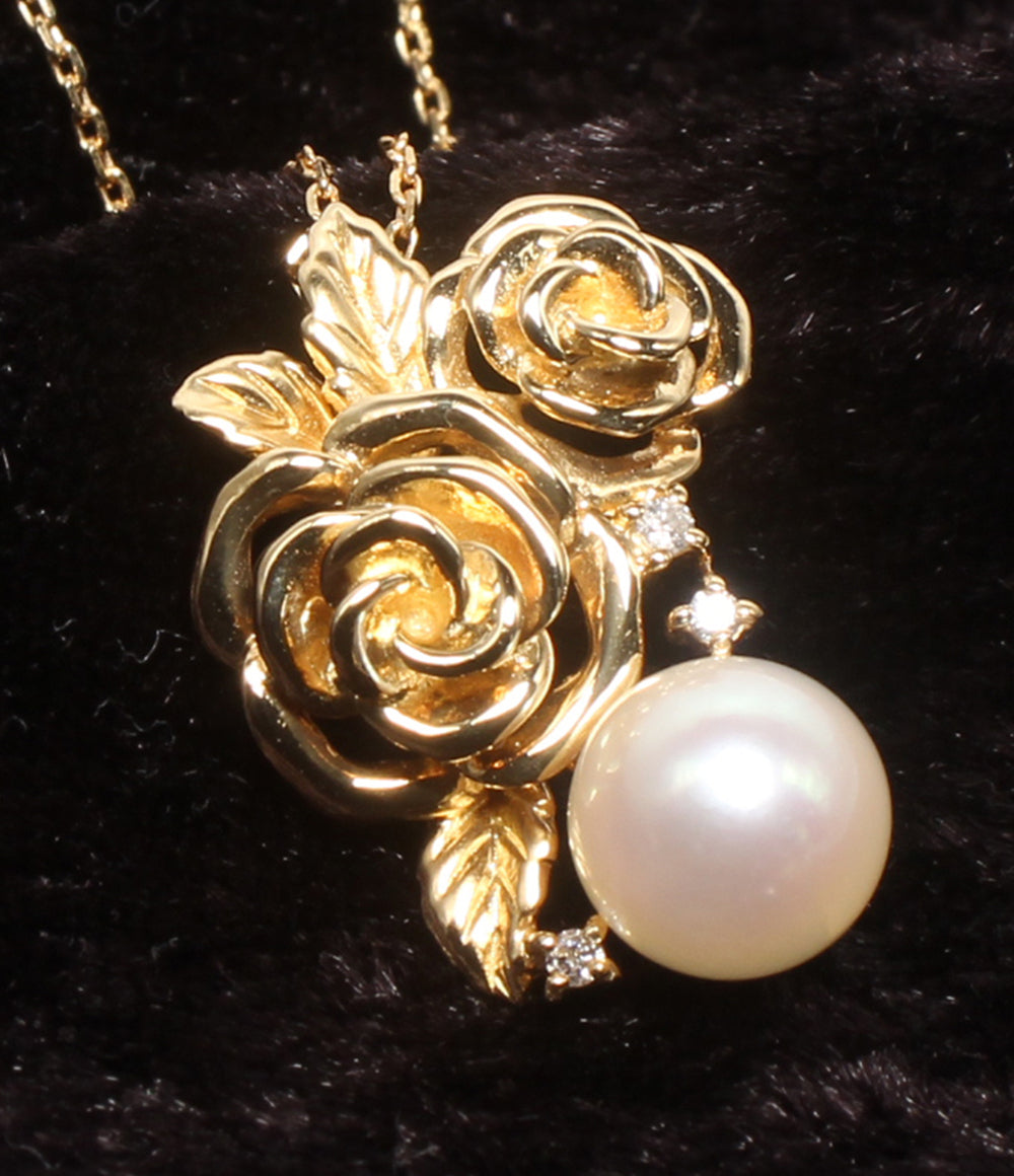 美品 IEI ネックレス K18 パール7.3mm ダイヤ 0.03ct フラワーモチーフ 花モチーフ レディース