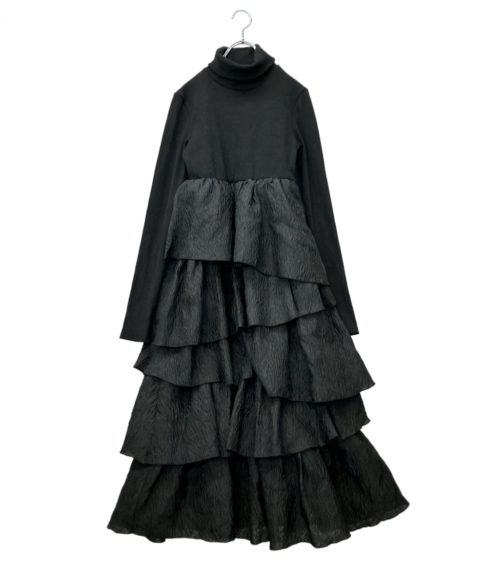 美品 Acka 長袖ワンピース タグ付き トップスリブ スカートジャガードドッキング docking frill one-piece Acka-Y126 レディース SIZE 1 (S) エーカ
