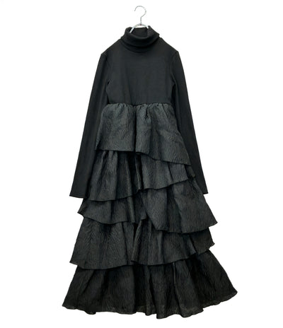 美品 Acka 長袖ワンピース タグ付き トップスリブ スカートジャガードドッキング docking frill one-piece Acka-Y126 レディース SIZE 1 (S) エーカ