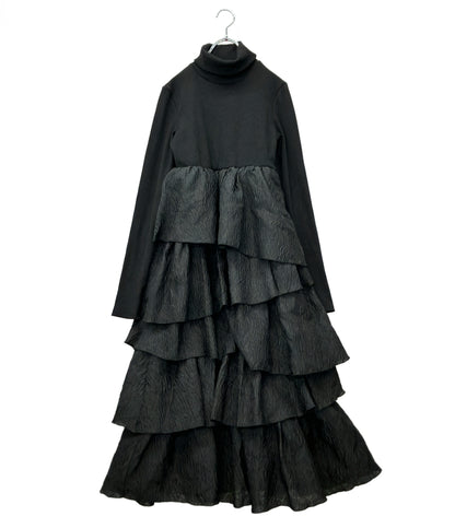 美品 Acka 長袖ワンピース タグ付き トップスリブ スカートジャガードドッキング docking frill one-piece Acka-Y126 レディース SIZE 1 (S) エーカ