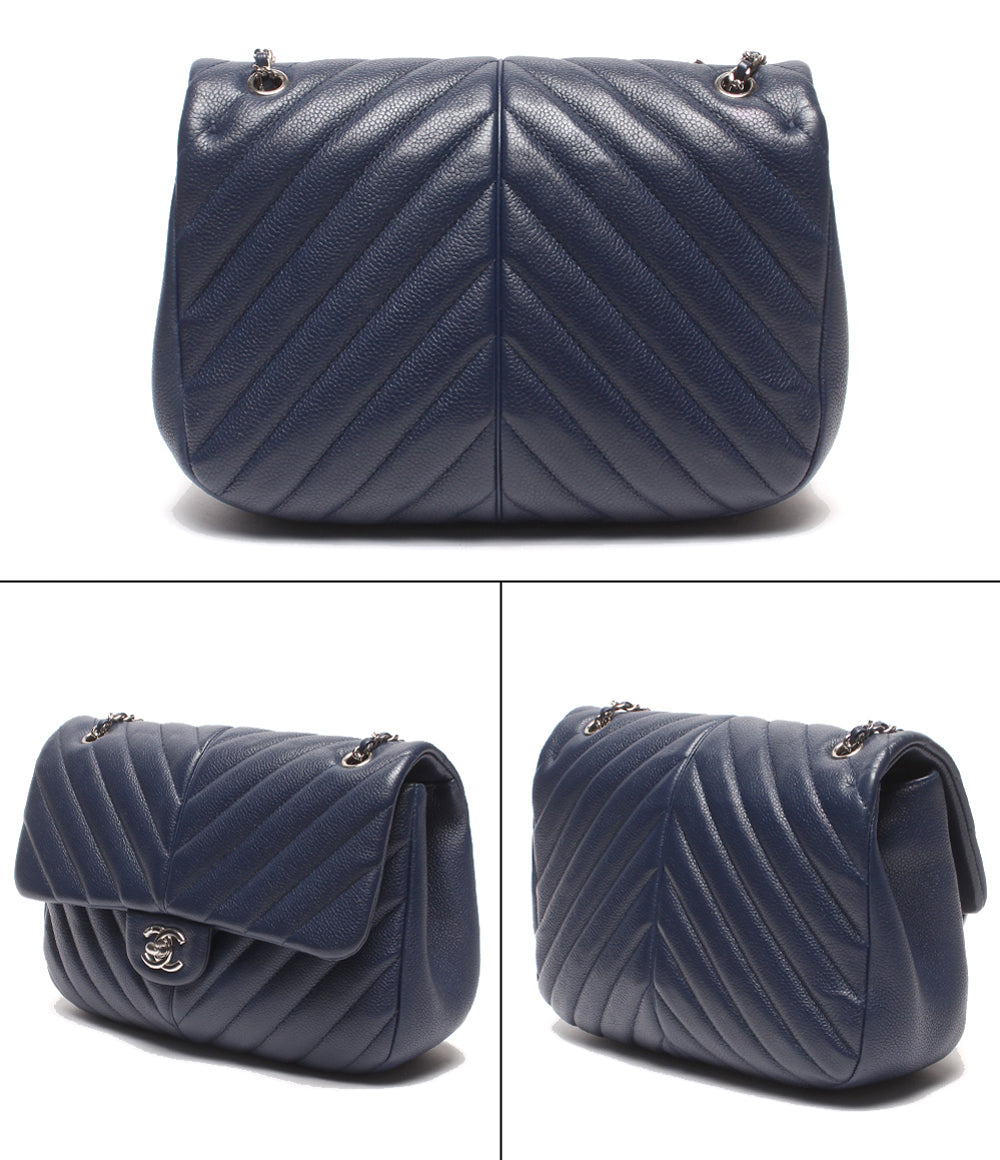 CHANEL チェーンショルダーバッグ 肩掛け シルバー金具 シングルフラップ ダブルチェーン シェブロン Vステッチ キャビアスキン 25番台 レディース