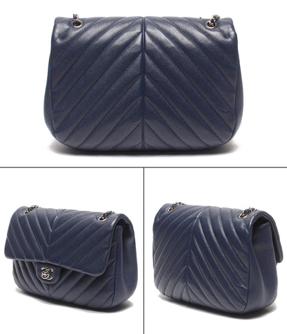 CHANEL チェーンショルダーバッグ 肩掛け シルバー金具 シングルフラップ ダブルチェーン シェブロン Vステッチ キャビアスキン 25番台 レディース