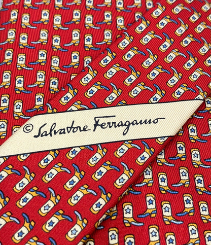 美品 Salvatore Ferragamo ネクタイ ウエスタンブーツ柄 シルク100% メンズ サルヴァトーレフェラガモ