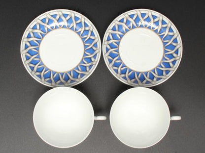 美品 リチャードジノリ カップ＆ソーサー 2客セット ペア フィオッコグレース ブルー リボン Richard Ginori