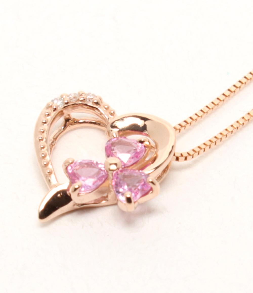 美品 ネックレス K10 ピンクサファイヤ ダイヤ ハートモチーフ フラワーモチーフ レディース