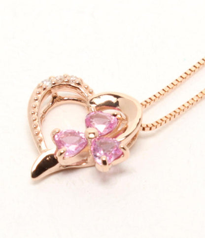 美品 ネックレス K10 ピンクサファイヤ ダイヤ ハートモチーフ フラワーモチーフ レディース