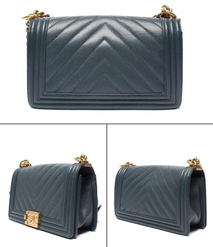 CHANEL チェーンショルダーバッグ ボーイシャネル25 ゴールド金具 Vステッチ キャビアスキン レディース シャネル