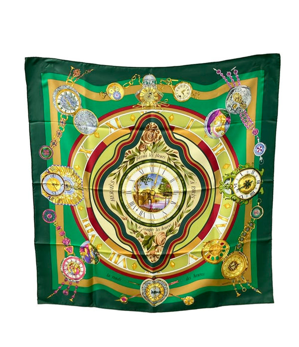 美品 HERMES スカーフ シルク100% カレ90 Parmi les fleurs je compte les heures レディース エルメス