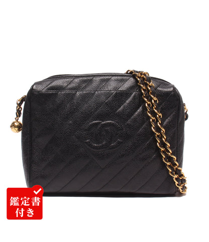 CHANEL チェーンショルダーバッグ 斜め掛け ゴールド金具 キャビアスキン 3番台 バイアスステッチ レディース シャネル