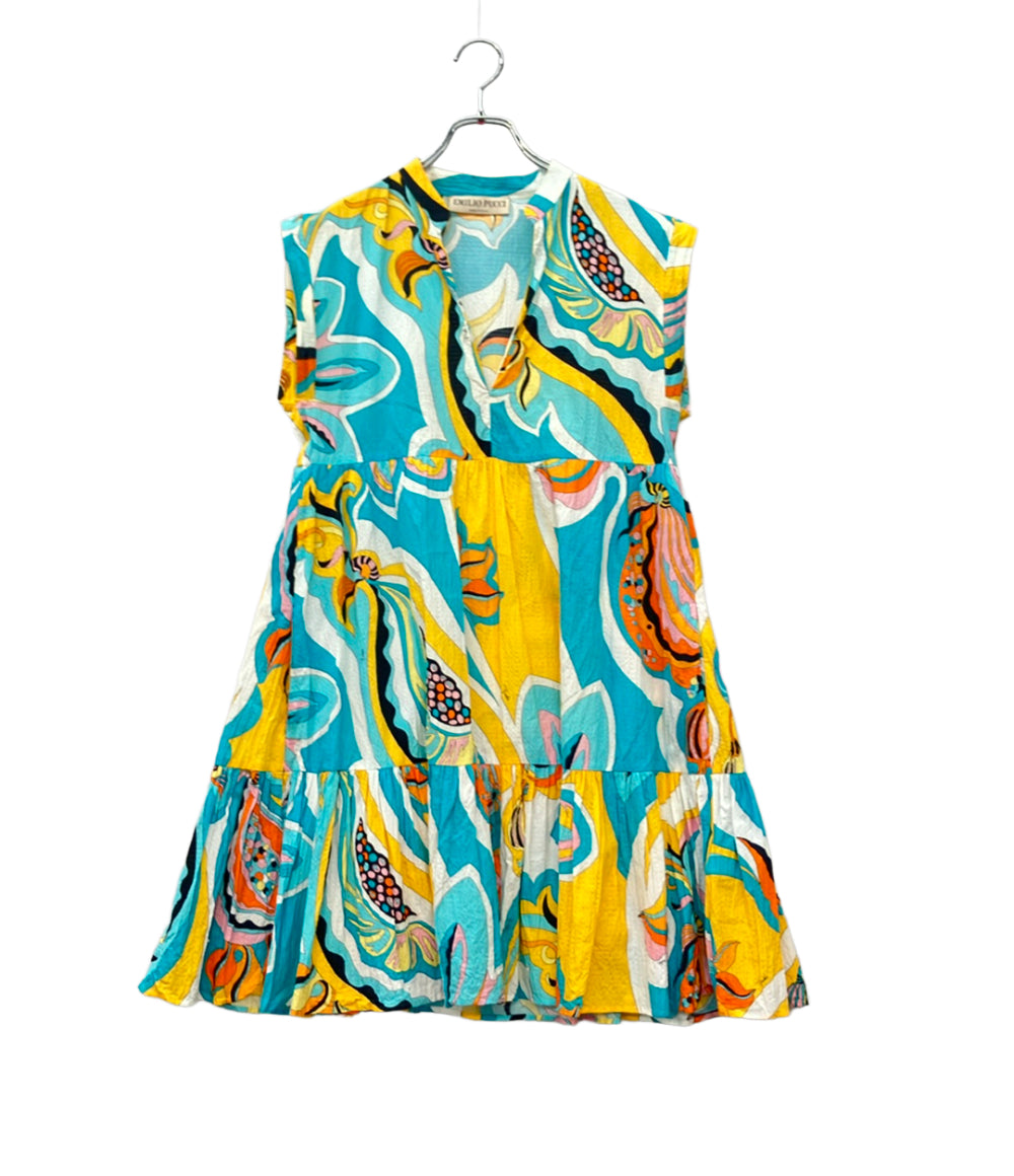 Emilio Pucci ノースリーブワンピース 幾何学模様  イエロー ブルー 9HWG15 レディース SIZE 38 (S) エミリオ・プッチ