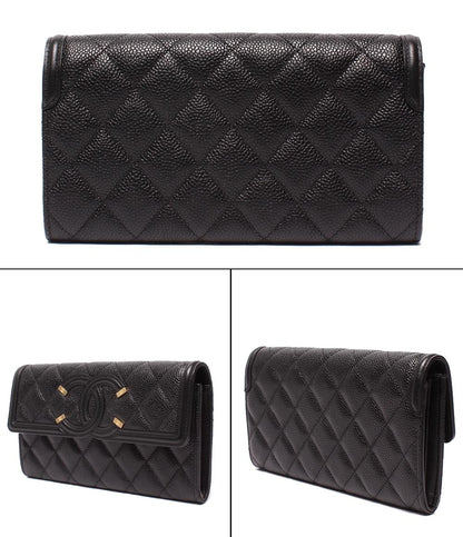 美品 CHANEL 長財布 キャビアスキン ゴールド金具 CCフィリグリー レディース シャネル