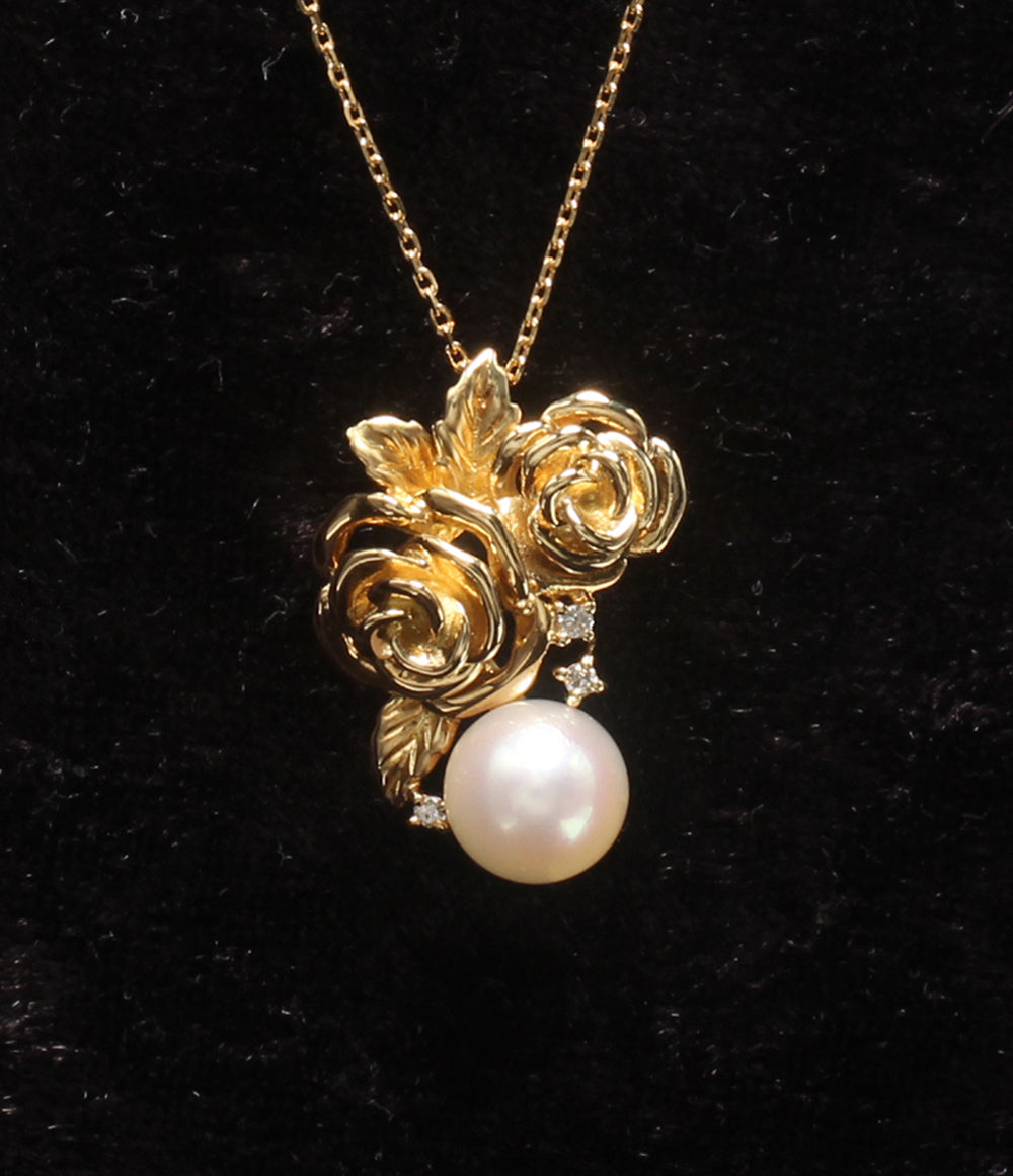 美品 IEI ネックレス K18 パール7.3mm ダイヤ 0.03ct フラワーモチーフ 花モチーフ レディース