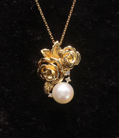 美品 IEI ネックレス K18 パール7.3mm ダイヤ 0.03ct フラワーモチーフ 花モチーフ レディース
