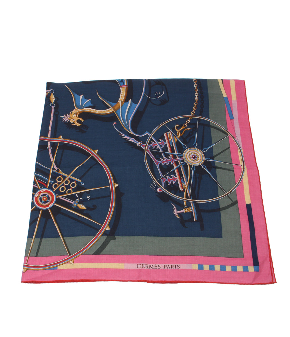 美品 HERMES 大判ストール スカーフ VOITURES EN EQUILIBRE 精巧な馬車 レディース エルメス