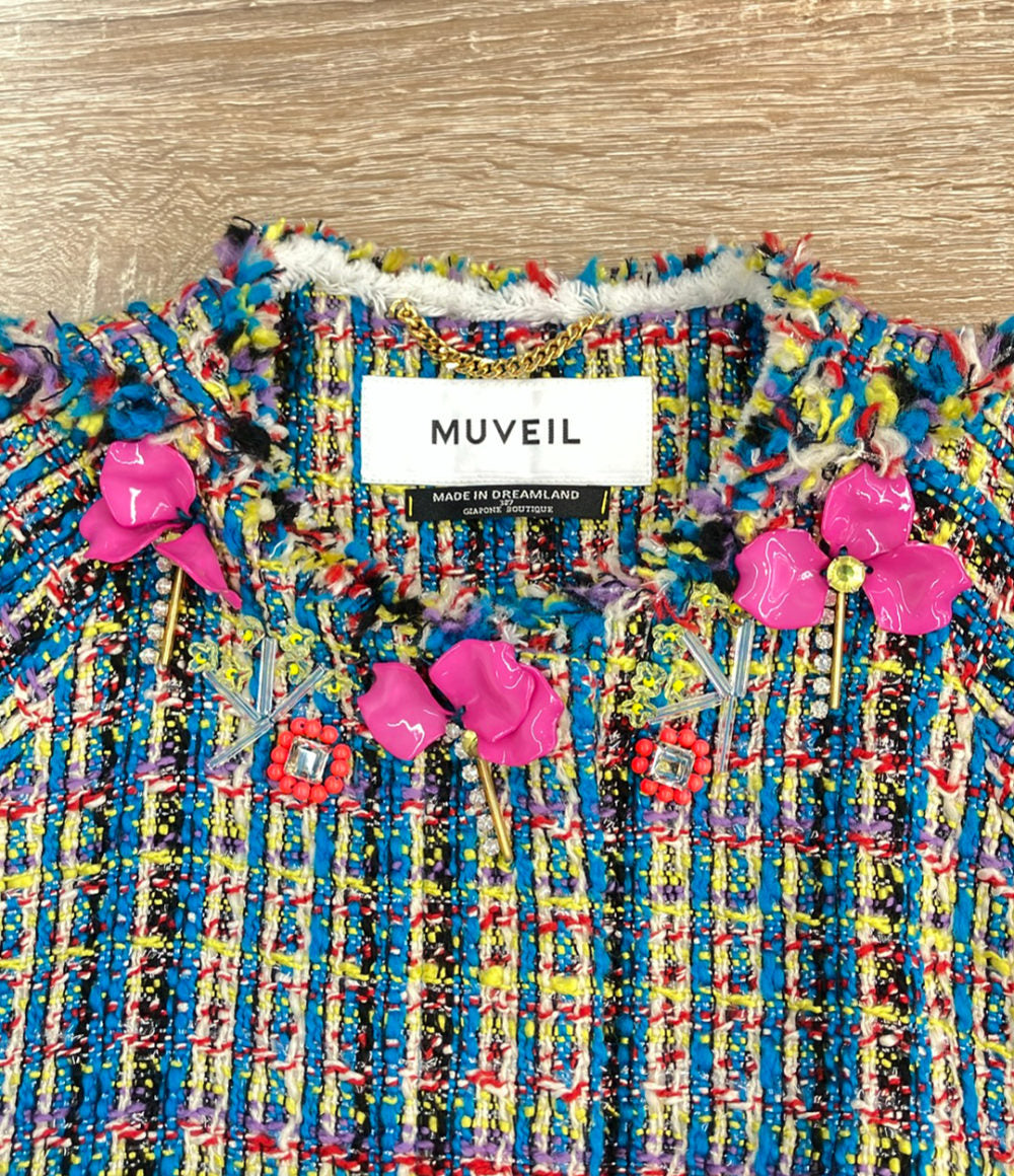 美品 MUVEIL フラワーモチーフ・ビジュー ツイードコート MA82FC001 レディース SIZE 38 (M) ミュベール