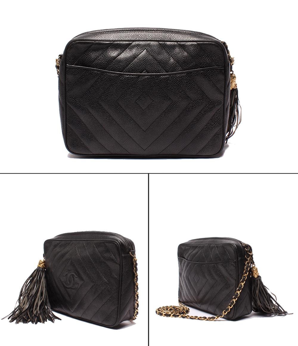 CHANEL チェーンショルダーバッグ ココマーク タッセル付き シェブロンステッチ ゴールド金具 キャビアスキン レディース シャネル