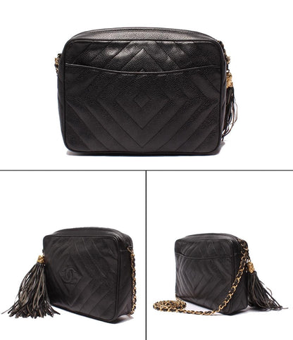 CHANEL チェーンショルダーバッグ ココマーク タッセル付き シェブロンステッチ ゴールド金具 キャビアスキン レディース シャネル