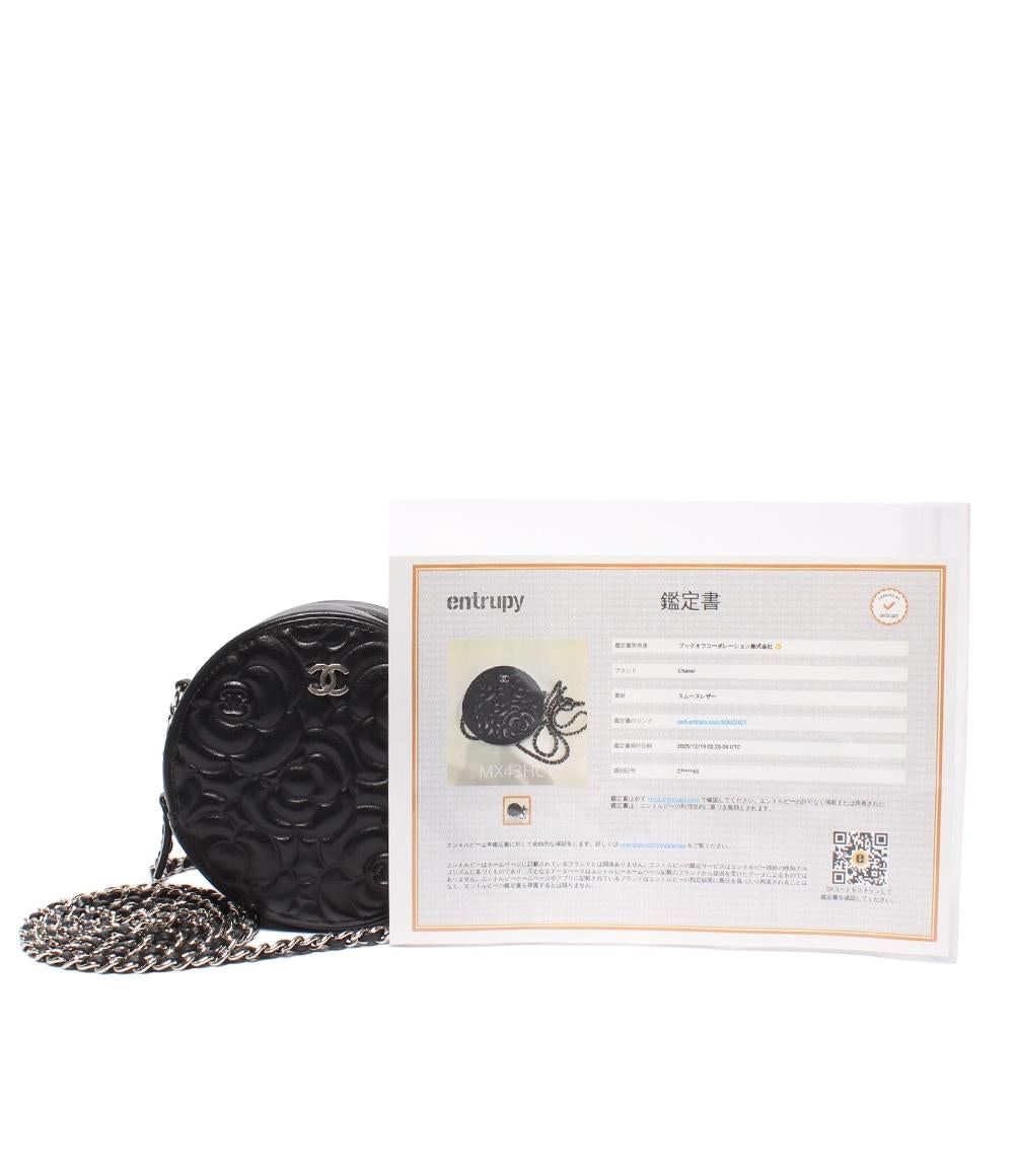 CHANEL レザー チェーンショルダーバッグ カメリア ラウンドミニ ポシェット シルバー金具 27番台 ココマーク レディース シャネル