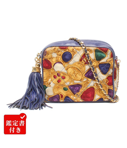 シャネル チェーンショルダーバッグ 斜め掛け ビジュー柄 タッセル サテン レディース CHANEL