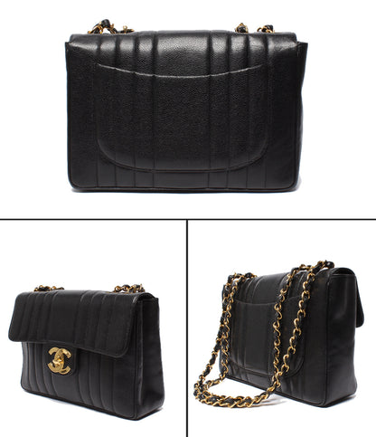 CHANEL チェーンショルダーバッグ マドモアゼル クラシック ゴールド金具 ダブルチェーン シングルフラップ 2番台 キャビアスキン レディース