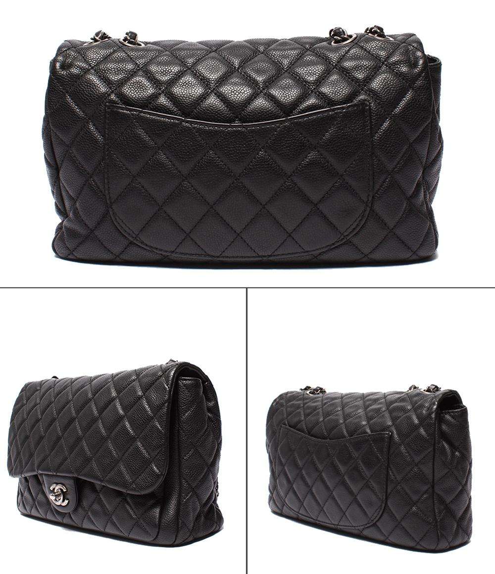 CHANEL チェーンショルダーバッグ キャビアスキン シルバー金具 18番台 ダブルチェーン シングルフラップ デカマトラッセ30 レディース シャネル