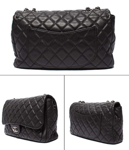 CHANEL チェーンショルダーバッグ キャビアスキン シルバー金具 18番台 ダブルチェーン シングルフラップ デカマトラッセ30 レディース シャネル