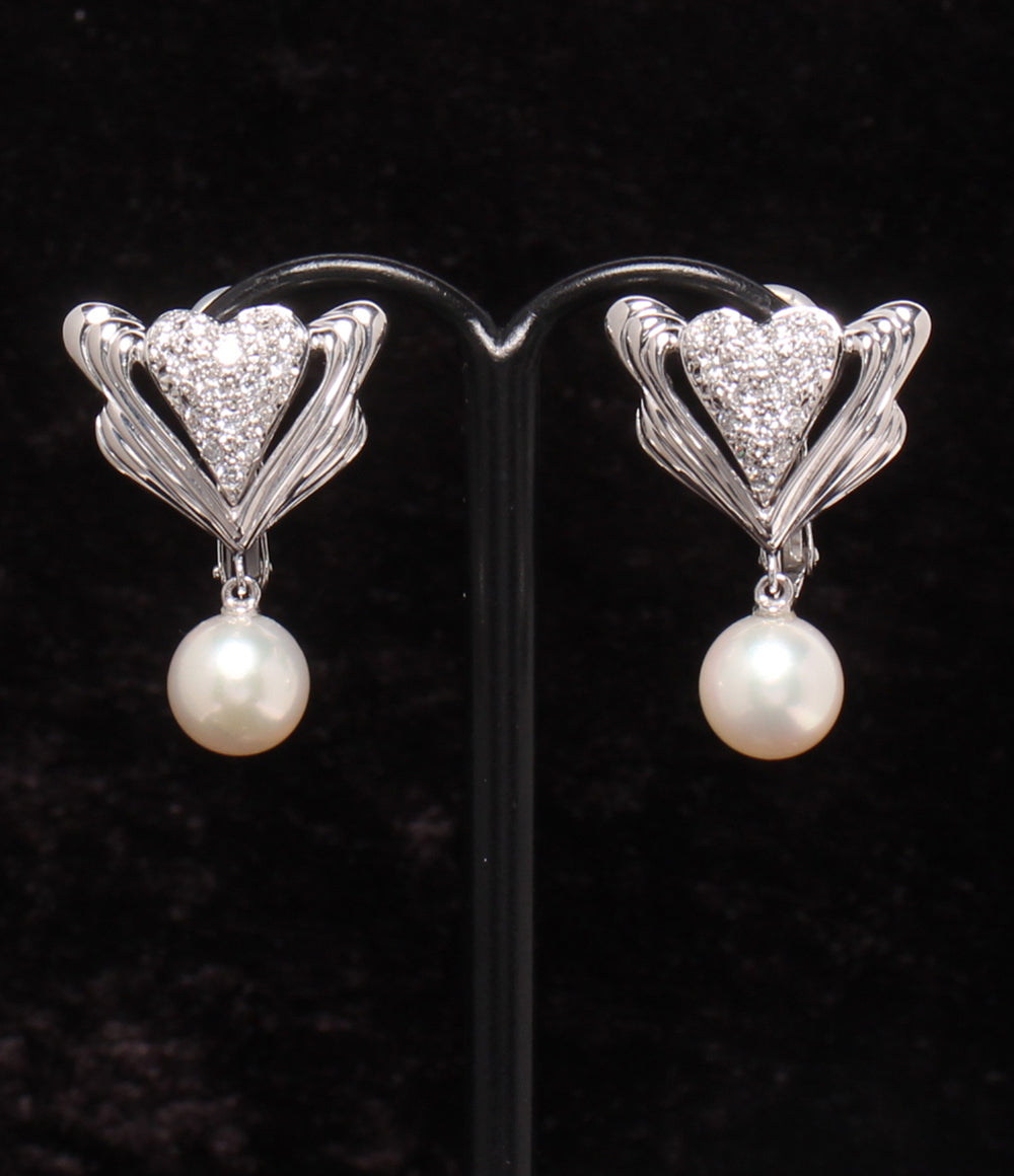 美品 MIKIMOTO イヤリング K14WG K18 パール7.5mm ダイヤ 0.34ct レディース ミキモト