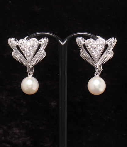 美品 MIKIMOTO イヤリング K14WG K18 パール7.5mm ダイヤ 0.34ct レディース ミキモト