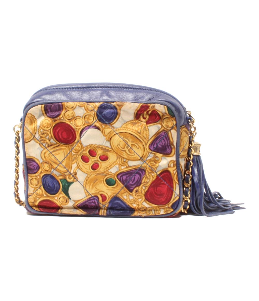 シャネル チェーンショルダーバッグ 斜め掛け ビジュー柄 タッセル サテン レディース CHANEL