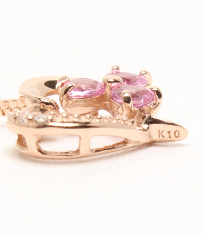 美品 ネックレス K10 ピンクサファイヤ ダイヤ ハートモチーフ フラワーモチーフ レディース