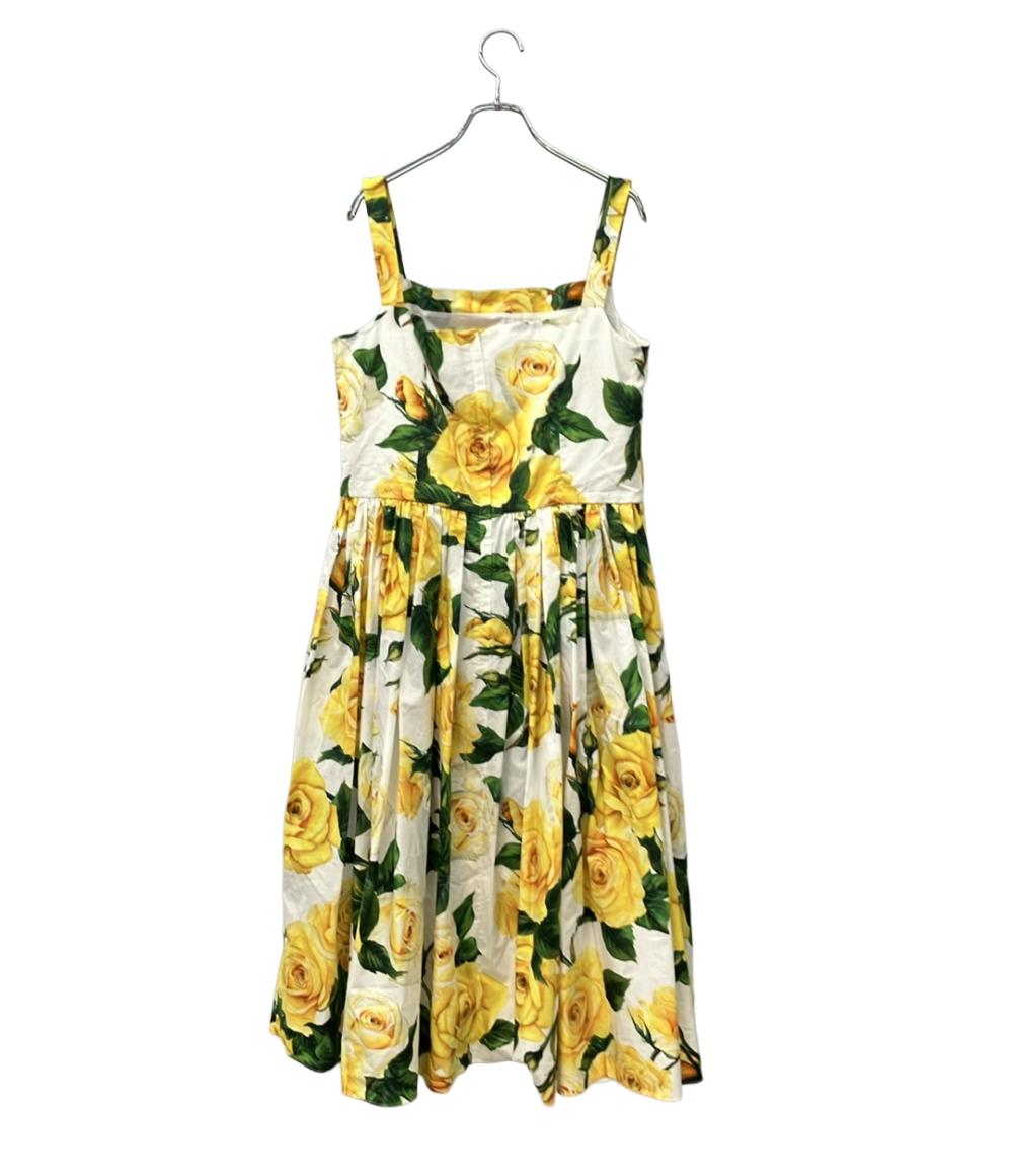 DOLCE & GABBANA ノースリーブワンピース Aライン ミディ丈 フロントボタン スクエアネック イエローローズプリント コットン サンドレス レディース