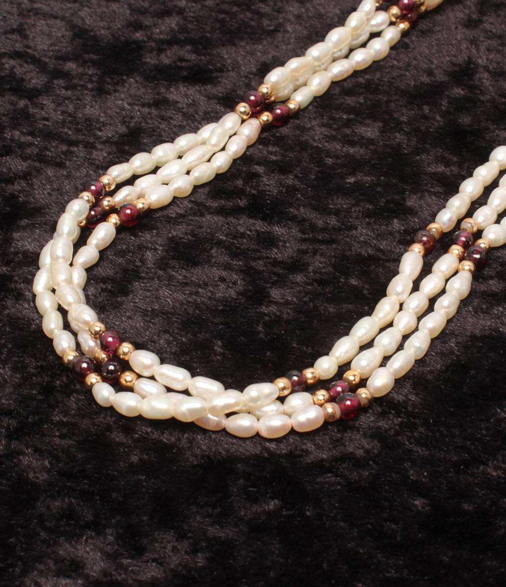 3連ネックレス 淡水パール ガーネット レディース