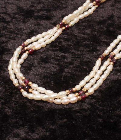 3連ネックレス 淡水パール ガーネット レディース