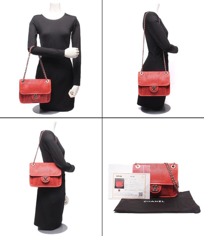 CHANEL チェーンショルダーバッグ 肩掛け シルバー金具 パンチングメッシュ ダブルチェーン シングルフラップ フレンチ リビエラ レディース シャネル