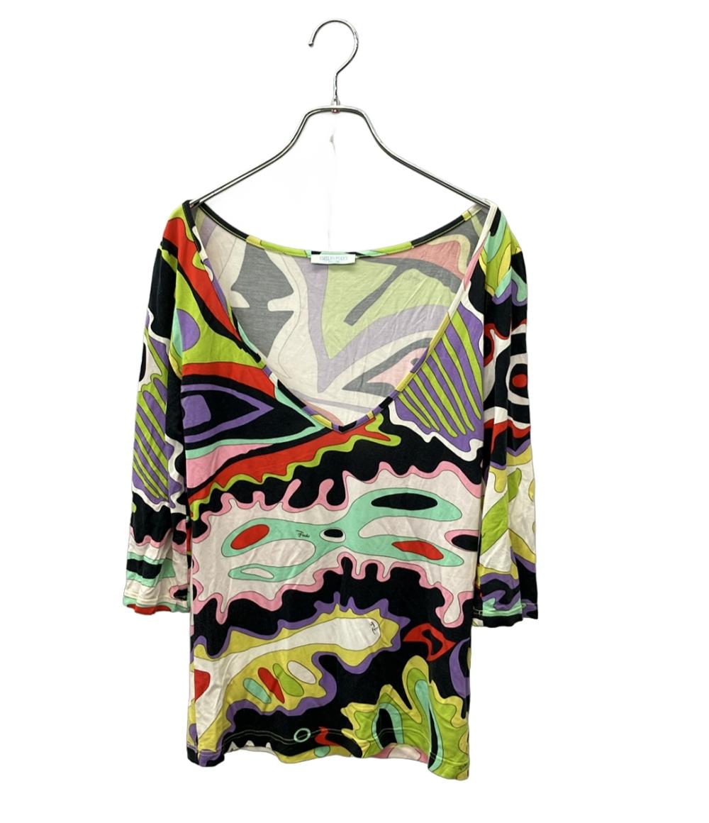 訳あり Emilio Pucci 半袖Tシャツ Vネック 7分袖 プッチ柄 レディース SIZE S エミリオ プッチ