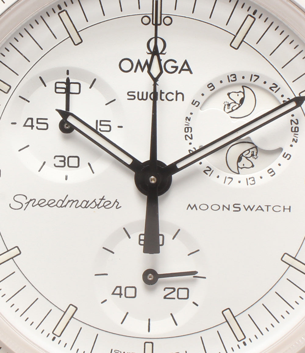 美品 Swatch OMEGA 腕時計 スヌーピー SNOOPY BIOCERAMIC MOONSWATCH MISSION TO THE MOONPHASE クオーツ ホワイト SO33W700 レディース メンズ